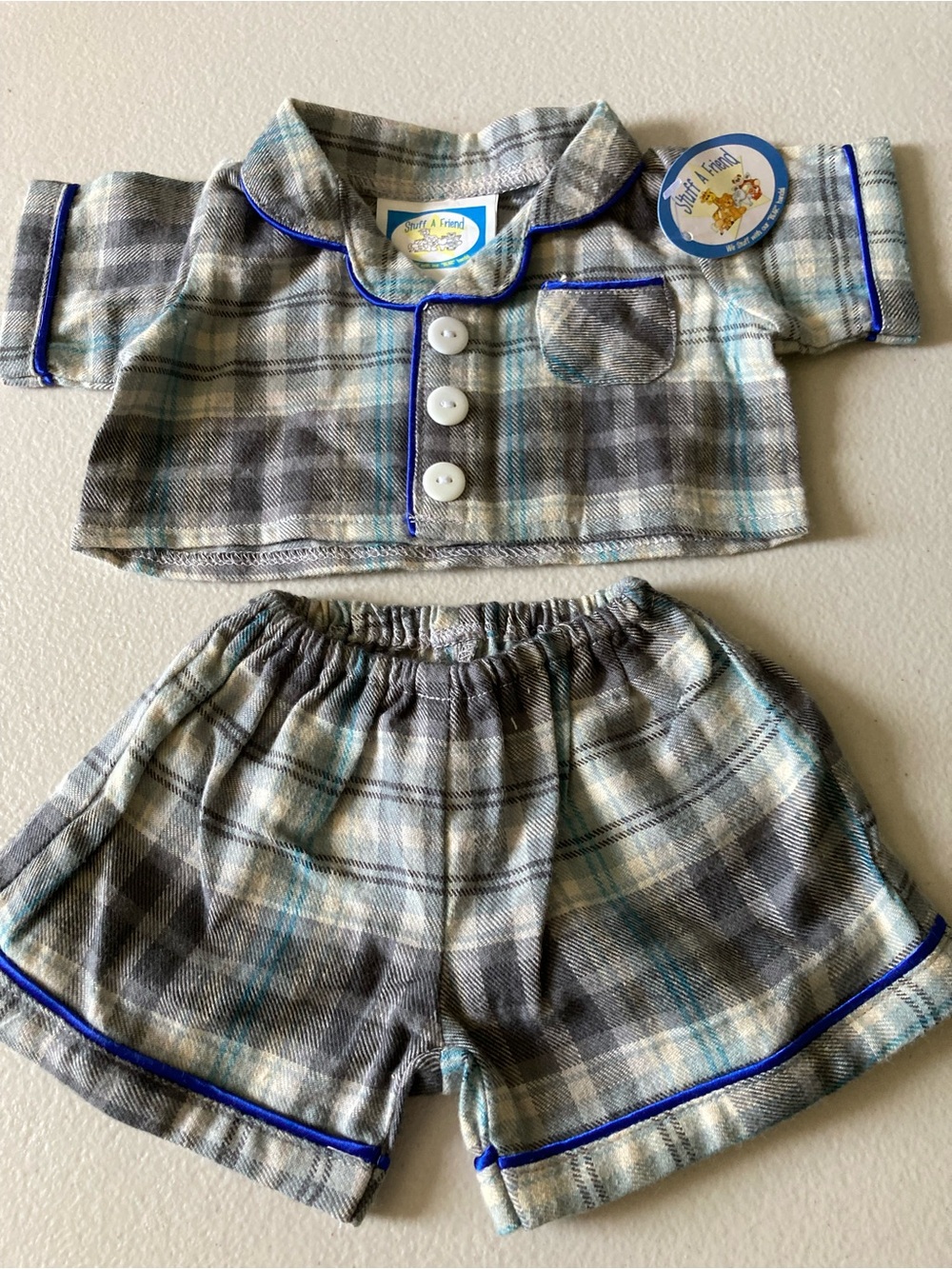 Stuff A Friend Teddy Bear Casual Plaid Shirt & Shorts Outfit Set Gray Blue